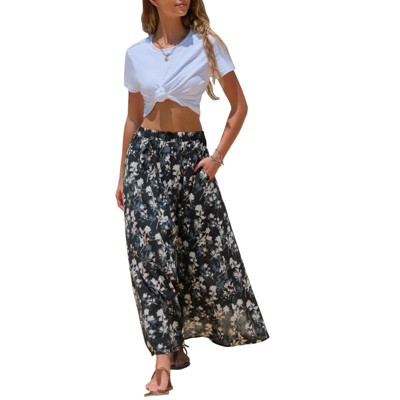 EXLURA Womens Elastic High Waist Flared Maxi Skirts Floral Swing Midi Skirt Casual Summer Long Skirt Beach Vacation Resort