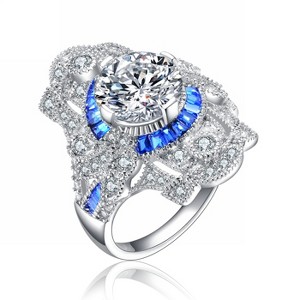 Guili Prestige White Gold-Plated Sterling Silver Ring, Clear Cubic Zirconia, Cocktail Style, Elegant Statement, Green/Blue, Sizes 6-8. - 1 of 3