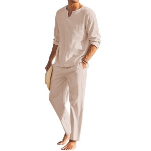 COOFANDY Men's 2 Pieces Cotton Linen Set Henley Shirt Long Sleeve and Casual Beach Pants Summer Yoga Outfits - 1 of 4
