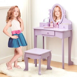 Girls Vanity Table and Chair Set, Kids Makeup Dressing Table with Lights Wood Makeup Playset, Kids Vanity Set with Mirror Drawer - 1 of 4