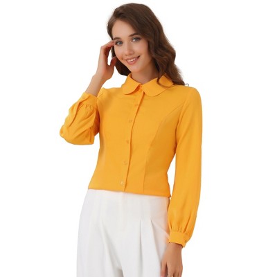 Allegra K Women's Work Peter Pan Collar Long Bishop Sleeve Button Down Shirt