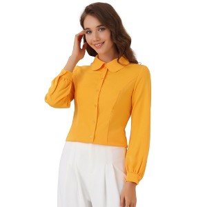 Allegra K Women's Work Peter Pan Collar Long Bishop Sleeve Button Down Shirt - 1 of 4
