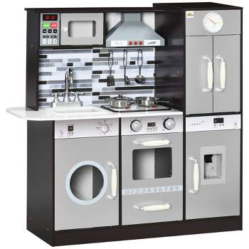 Qaba Wooden Play Kitchen with Lights Sounds, Kids Kitchen Playset with Washing Machine, Water Dispenser, Microwave, Range Hood, Refrigerator