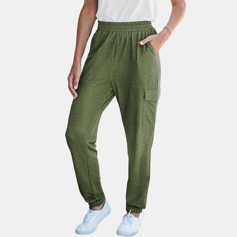 Allegra K Women's Drawstring Elastic Waist Ankle Length Satin Joggers with  Pocket Army Green Large