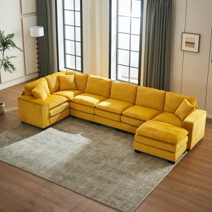 TiramisuBest Modern U-Shaped 6-Seat Sectional Sofa with Ottoman & 3 Toss Pillows, Modular Corduroy Sofa for Living Room, Orange - 1 of 4