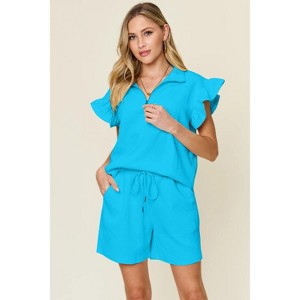 I am a Fashion junky Double Take Full Size Texture Flounce Sleeve Top and Drawstring Shorts Set - 1 of 4