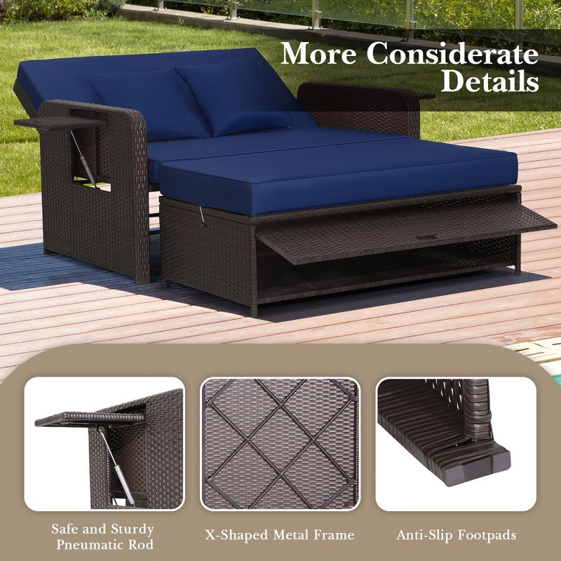 Costway Patio Rattan Loveseat Set Daybed Lounge Storage Ottoman Side Tables Adjust, 5 of 11