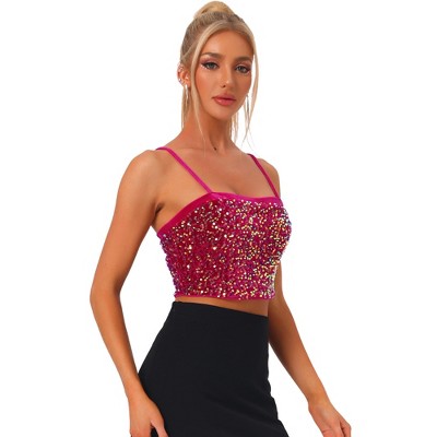 Allegra K Women's Wrap Crop Spaghetti strap velvet Cami tops Hot Pink Small  : Target