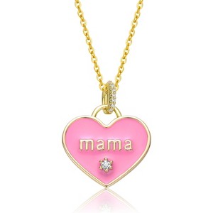 Guili 14K Yellow Gold Plated Necklace with Cubic Zirconia and Pink Enamel MAMA Heart Pendant, perfect for layering and a meaningful gift. - 1 of 3