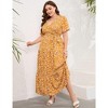 Women Plus Size V Neck Wrap Maxi Dress High Waist Ruffle Summer Casual Dress with Belt Short Sleeve - 3 of 4