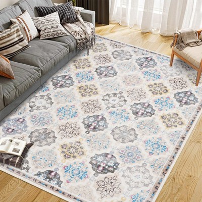 Vintage Oriental Rhombus Printed Distressed Rug Washable Thin Low Pile Area Rugs for Living Room Indoor Retro Non Slip Soft Carpet for Bedroom