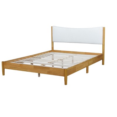 VYNXARIA Queen Size Solid Rubber Wood Bed Frame with Velvet Padded Headboard and Support Feet, in Natural Color