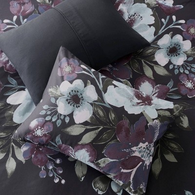Dark Gray and Plum Floral Cotton Full Comforter Set