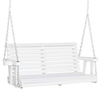 Outsunny 46" 2-Person Porch Swing Wooden Patio Swing Bench with Cup Holders, Slatted Design, & Chains Included, 440lb Weight Capacity