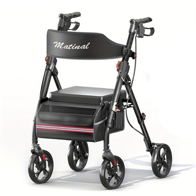JUJABU Foldable Rollator Walker with Seat, 8'' Wheels, 6-Position Height, Aluminum & Carbon Steel