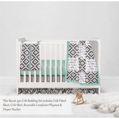 Bacati - Love Aztec Design/Print Gray Mint 4 pc Crib Bedding Set with Diaper Caddy
