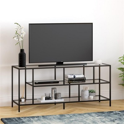 Wylan Streamlined 55'' Black Metal TV Stand with Glass Shelves