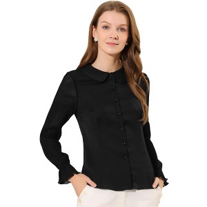 INSPIRE CHIC Women's Peter Pan Collar Elegant Contrast Panel Work Button Down Shirt - 1 of 4