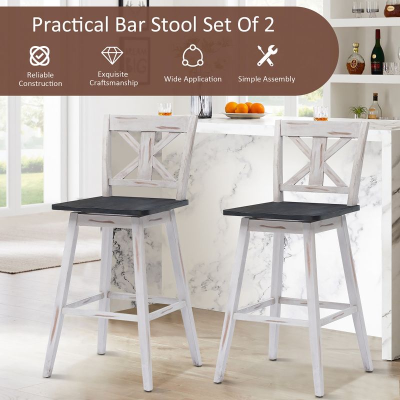 Costway Set of 2 Bar Stools Swivel Pub Height Chairs w/ Rubber Wood Legs White\Black, 5 of 10