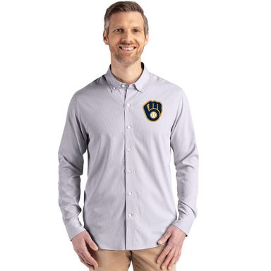 Cutter & Buck Milwaukee Brewers Skyline Recycled Pinstripe Mens Long Sleeve Button Down Dress Shirt in Elemental Grey/White | XXL