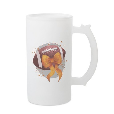 Elanze Designs Freezable Beer Stein Mug With Thumb Grip Handle, 16 Ounce Frosted Glass, Football With Orange Bow