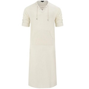 Coolmee Men's Drawstring V-neck Long Sleeve Robe Side Split Kaftan Long Gown Thobe - 1 of 3