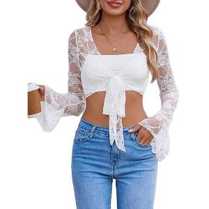Avidlove Womens Crop Cardigan Lace Shrug Bell Sleeve Tie Front Top