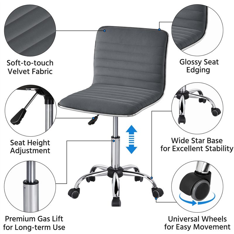 Yaheetech Velvet Low Back Armless Desk Chair Office Chair with Wheels, 4 of 8