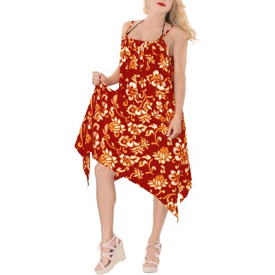 LA LEELA Women's Summer Vacation Beachwear Mini Bathing Suit Loose Beach Dress Swimsuit Cover-up Spaghetti Strap Dress for Women 1X Red, Floral
