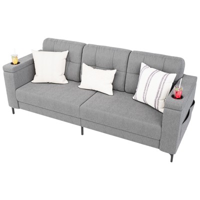 Sofas for Living Room, 84 Inch with Storage Armrests, Comfy Teddy Fleece Small Couch with Cup Holders and Convenient Side Pockets for Apartment