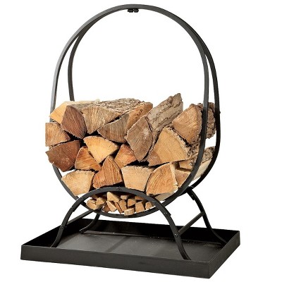 Plow & Hearth - Small Oval Wood Rack with Kindling Storage and Dirt Tray, Black