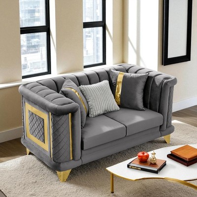 69" Velvet Loveseat with Gold Stainless Steel Trims, Embroidered Texture & 3 Exquisite Pillows, Mid-Century Modern Victorian Tufted Sofa for Home