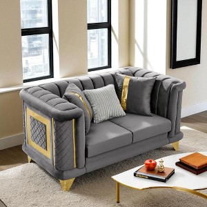 69" Velvet Loveseat with Gold Stainless Steel Trims, Embroidered Texture & 3 Exquisite Pillows, Mid-Century Modern Victorian Tufted Sofa for Home - 1 of 4