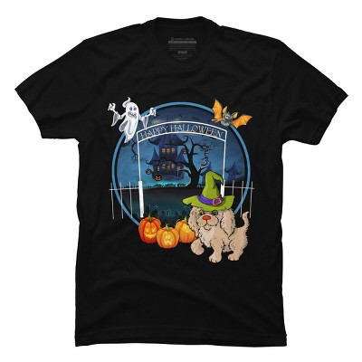 Men's Design By Humans Puppy Dog Witch Hat Halloween Ghost By Fractals T-Shirt