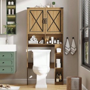 Over Toilet Storage Cabinet Farmhouse Bathroom Cabinet with Paper Holder Rustic Brown Bathroom Storage Organizer with Doors - 1 of 4