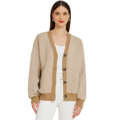 Allegra K Women's Striped Open Front Button Down V Neck Sweater Cardigans