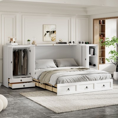 NicBex Queen Size Murphy Bed Wooden Frame Murphy Bed Cabinet Wall Bed with Wardrobes, 4 Drawers and Shelves for Bedroom