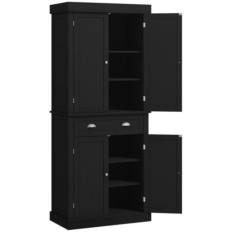 HOMCOM 72" Traditional Freestanding Kitchen Pantry Cupboard with 2 Cabinet, Drawer and Adjustable Shelves, Black Wood Grain, 4 of 7