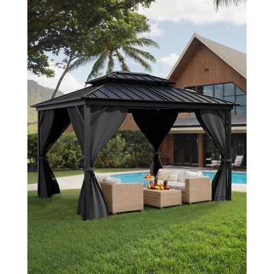 10x14 Ft Hardtop Gazebos with Heavy Duty Double Roof, Nettings and Curtains
