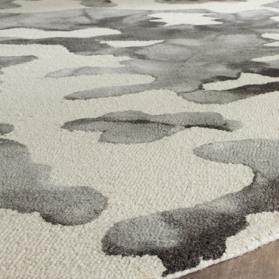 7' Round Black and Beige Hand-Tufted Wool Rug