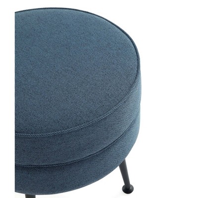Bailey Blue Round Upholstered Ottoman with Black Stainless Steel Legs