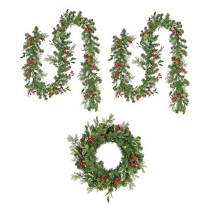 Prelit LED Holly Berry Wreath and Garland Assortment White Lights - National Tree Company - 1 of 4
