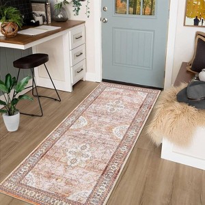 2'x6' Boho Printed Area Rug, Low Pile Non-Slip, Washable, Non-Shedding Vintage Thin Indoor Carpet for Living Room, Nursery, Brown - 1 of 4