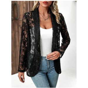 Women's Casual Open Front Lace Cardigan Mesh Shrug Cover Ups Lapel Neckline Solid Long Sleeve Elegant Jacket Blazer - 1 of 4