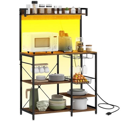 Aghana Digitals Rustic Brown Industrial Baker's Rack with RGB Lighting, Charging Station, Glass