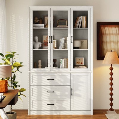 FUFU&GAGA Tall Storage Display Cabinet for Collectibles,Storage Hutch,Display Shelf,3 Glass-Door,3-Drawer,Living Room Organizer,Home Office Bookshelf