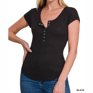 Women's Baby Waffle Cap Sleeve Henley Top - ZENANA - 1 of 1