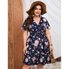 Plus Size Women's V Neck Short Sleeve Dress with Belt Flowy Casual Summer Day Dress - 2 of 4