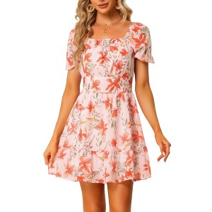 Allegra K Women's Regular Fit Floral Print Square Neck High Waist Summer Mini Dress - 1 of 4