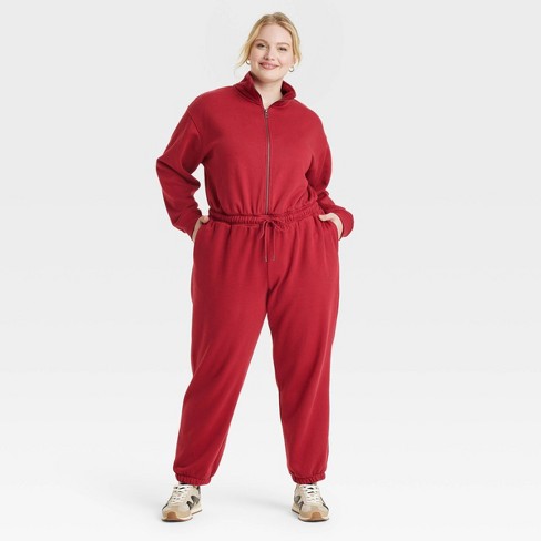 Women s Leisure Studio Long Sleeve Fleece Jumpsuit Universal Thread Red XXL